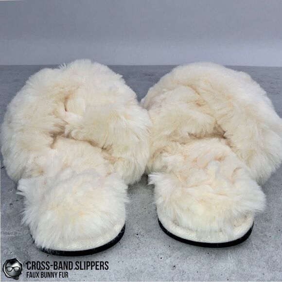 FUZZY FAUX BUNNY FUR CROSS BAND SLIPPERS IN IVORY NON-SLIP SIZE SMALL 5.5 - 6.5 - Picture 7 of 15